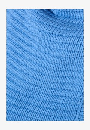 Textil de punto azul con un patrón acanalado texturizado, que presenta una apariencia suave y cálida, mostrando un grosor medio.