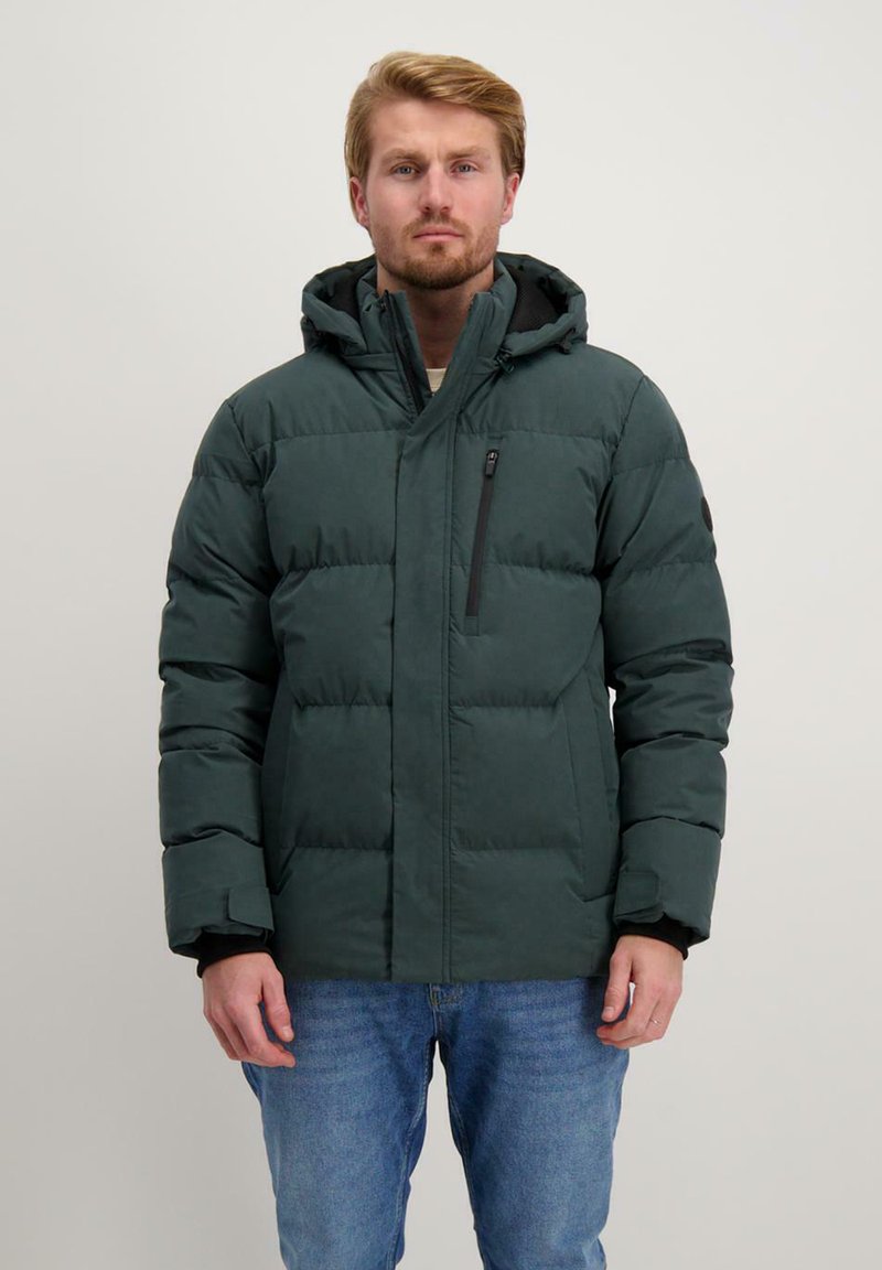 Gevoerde groene jas met een capuchon, rits aan de voorkant en contrasterende zwarte accenten. Beschikt over zijzakken en een gestructureerd, gebreid ontwerp.