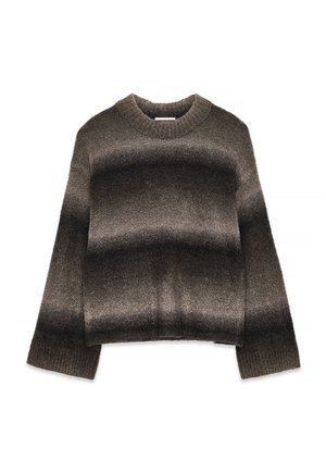 Garām piedurknēm džemperis ar apaļu kakla izgriezumu, horizontālas gradienta svītras brūnās un melnās krāsās, adīts audums.