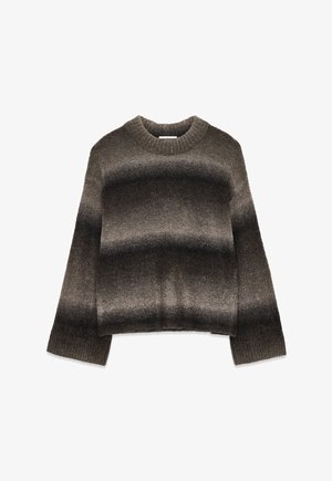 Sweter z długim rękawem i okrągłym dekoltem, z poziomymi gradientowymi paskami w odcieniach brązu i czerni, dzianina.