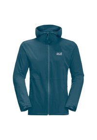 Veste coupe-vent en bleu sarcelle foncé, dotée d'une capuche, d'une fermeture à glissière complète et du logo sur la poitrine gauche. Tissu lisse et léger.