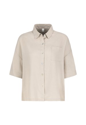 Beige overhemd met korte mouwen, knoopsluiting, kraag en een borstzak, losse pasvorm, minimalistisch ontwerp.