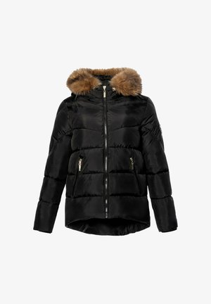 Doudoune noire matelassée avec fermeture éclair à l'avant, deux poches zippées, et capuche bordée de fourrure marron, légèrement plus longue à l'arrière.