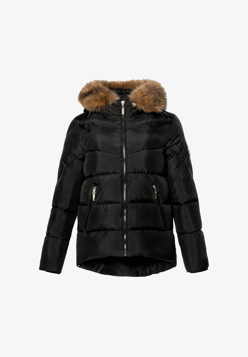 Giacca imbottita nera con chiusura frontale a cerniera, due tasche con zip e cappuccio con bordo in pelliccia marrone, leggermente più lunga nella parte posteriore.