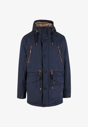 Marineblaues Jackett mit einem mit Pelz gefütterten Kapuzen, mehreren Taschen und Kordelzügen. Verfügt über Knopf- und Reißverschluss mit Details aus braunem Metall.