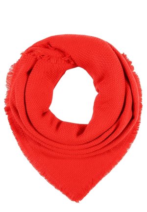 Hellroter gewebter Schal mit fransigen Rändern, zu einer dreieckigen Form gefaltet und kreisförmig angeordnet.