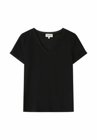 T-shirt nero a maniche corte con scollatura a V, con un bordo nero strutturato attorno al collo, realizzato in un tessuto morbido con una vestibilità rilassata.