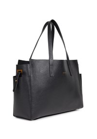 Borsa tote in pelle nera con due manici lunghi, superficie texturizzata, apertura superiore e tasche esterne. Accenti in metallo dorato sui lati.