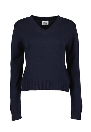 Laivastonsinen neulepaita, jossa on V-pääntie, pitkät hihat ja ribbireunat hihansuissa ja helmassa. Suloinen tekstuuri, lyhyt malli ja etiketti näkyvissä sisällä.