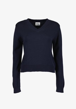 Pull en tricot bleu marine avec un col en V, des manches longues et des bords côtelés au niveau des poignets et de l'ourlet. Texture lisse, design court et étiquette visible à l'intérieur.