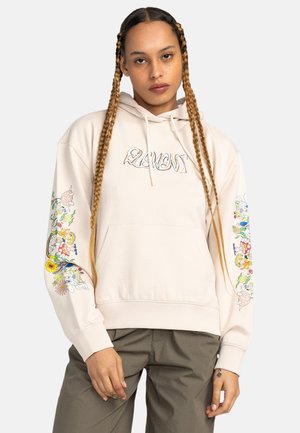 Hoodie beige avec une poche frontale, capuche à cordon de serrage et motifs floraux colorés sur les deux manches. Coupe décontractée et texture douce.