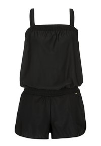 Svart ärmlös jumpsuit med samlad halsringning, elastisk midja och löst passform. Tillverkad av ett mjukt, lätt material.