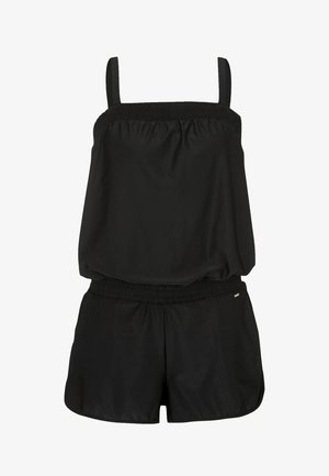 Zwarte mouwloze romper met een gerimpelde halslijn, elastische tailleband en losse pasvorm. Gemaakt van een gladde, lichte stof.