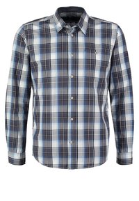 Miestenská košeľa s dlhým rukávom v modrej, sivej a bielej farbe, s golierom na gombíky, náprsníkom a textúrou tkaniny s jemným povrchom.