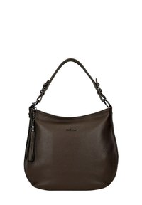 Donkerbruine leren handtas met een enkele schouderband, een zilveren kettingtassel aan een zijde en een subtiele merklop op de voorkant.