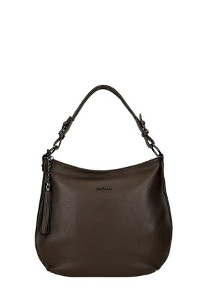 Borsa a tracolla in pelle marrone scuro con texture, una sola tracolla, nappina in catena argentata su un lato e logo del marchio discreto sul davanti.