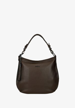 Ciemnobrązowa torebka skórzana o fakturowanej powierzchni z jednym paskiem, srebrna frędzel na jednym boku oraz dyskretne logo marki z przodu.