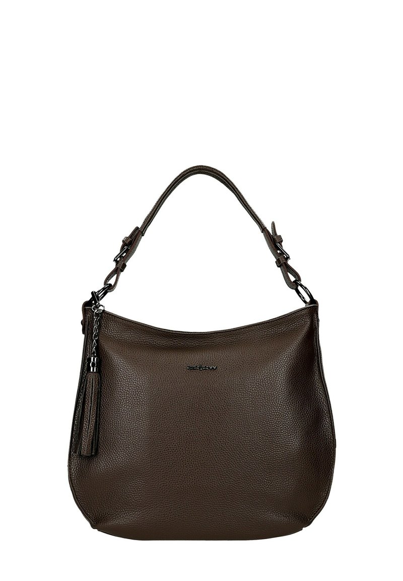 Donkerbruine leren handtas met een enkele schouderband, een zilveren kettingtassel aan een zijde en een subtiele merklop op de voorkant.