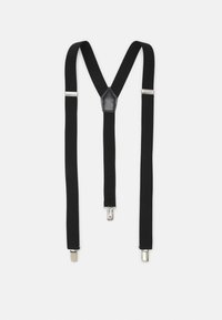 Bretelles noires en matériau élastique avec un patch en cuir central et des clips métalliques argentés à chaque extrémité pour l'attache.