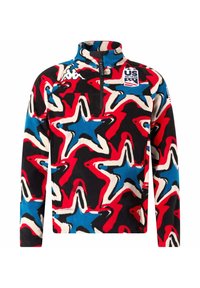 Pullover in fleece con mezza zip, caratterizzato da un motivo di stelle multicolori in rosso, blu e crema su uno sfondo nero. Logo Kappa incluso.