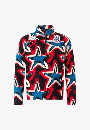 Pullover in fleece con mezza zip, caratterizzato da un motivo di stelle multicolori in rosso, blu e crema su uno sfondo nero. Logo Kappa incluso.