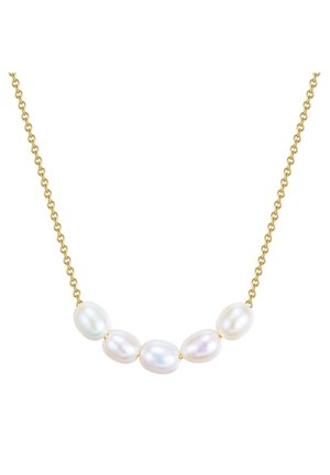Collana in oro con cinque perle ovali bianche, ciascuna con una finitura lucida, distribuite in modo uniforme lungo la catena per un design equilibrato.