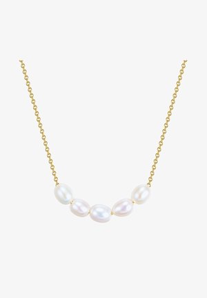 Arany lánc nyaklánc öt ovális fehér gyönggyel, mindegyik fényes felülettel, egyenletesen elhelyezve a láncon a harmonikus dizájn érdekében.