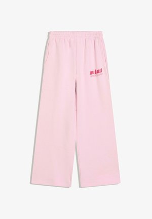 Pantaloni roz cu picioare largi din bumbac moale, prevăzuți cu talie elastică, buzunare laterale și un logo imprimat într-o nuanță mai închisă de roz pe partea din față.