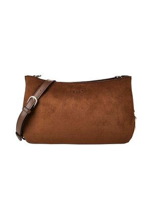 Bruine suède crossbodytas met verstelbare leren band en ritssluiting, gebrandmerkt met geperst "LIU JO"-logo aan de voorkant in het midden.