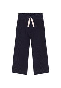 Pantaloni in corduroy blu navy con gamba larga, caratterizzati da una texture a costine, vita elastica e un cordino intrecciato color crema per la regolazione.