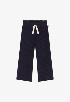 Pantaloni in corduroy blu navy con gamba larga, caratterizzati da una texture a costine, vita elastica e un cordino intrecciato color crema per la regolazione.