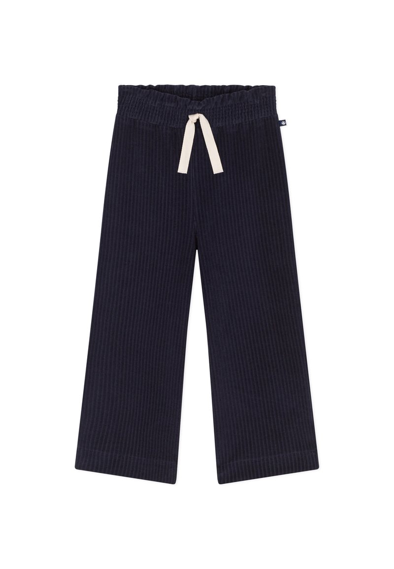 Pantaloni in corduroy blu navy con gamba larga, caratterizzati da una texture a costine, vita elastica e un cordino intrecciato color crema per la regolazione.