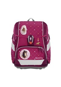 Sac à dos violet avec un motif en diamant, agrémenté d'autocollants sur le thème des chevaux, de fermetures éclair, de poches en mesh sur les côtés et d'accents réfléchissants pour la visibilité.