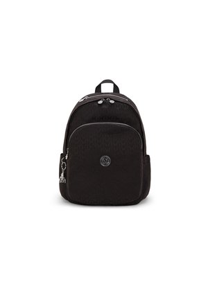 Black backpack featuring a textured pattern, rounded shape, two zippered compartments, and a decorative charm on the side.