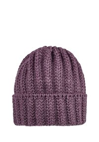 Knitted ribbed beanie hat in purple with folded cuff, made of chunky yarn, suitable for cold weather.