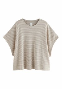 Light beige striped knit top featuring a wide fit, short sleeves, and a round neckline with a soft texture and relaxed silhouette.
