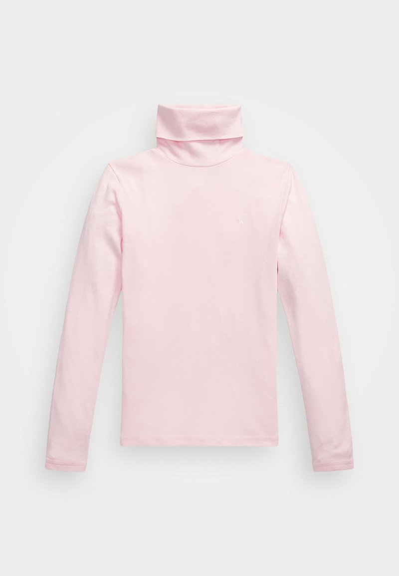 Απαλό ροζ μακρυμάνικο μπλουζάκι με ψηλό λαιμό, φτιαγμένο από μαλακό ύφασμα. Διαθέτει εφαρμοστή γραμμή και ψηλό γιακά με διακριτικό σήμα στο στήθος.