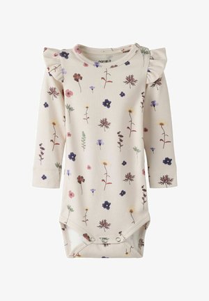 Body bébé manches longues couleur crème avec boutons-pression, orné de petits motifs floraux multicolores et détails à volants sur les épaules.