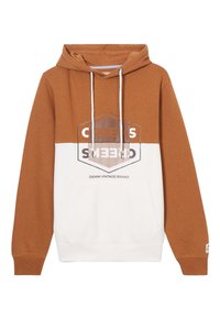 Sudadera con capucha marrón y blanca con un bolsillo frontal, que presenta un gráfico geométrico y texto. Hecha de un tejido suave con cordones.