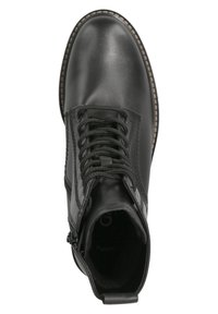 Black leather ankle boot with a smooth texture, round toe, side zipper, and traditional lacing. Rubber sole with stitching details.