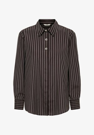 Braun gestreiftes Hemd zum Knöpfen mit Kragen, langen Ärmeln und dekorativen, kristallähnlichen Knöpfen vorne. Vertikale Streifen, glatte Textur.