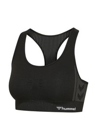 Zwarte naadloze sportbeha met racerback mesh paneel, gestructureerde voorkant en "hummel"-logo op de elastische onderband.