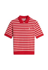 Punase värvi triibuline polo-särk, mis on vahelduvate laiade ja kitsaste valgete triipudega, lühikeste varrukatega ning ühevärvilise punase krae ja äärega.