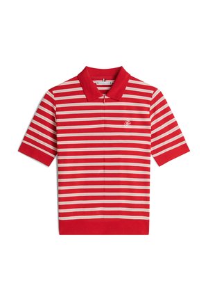Red striped polo shirt featuring alternating broad and narrow white stripes, short sleeves, and a solid red collar and hem.