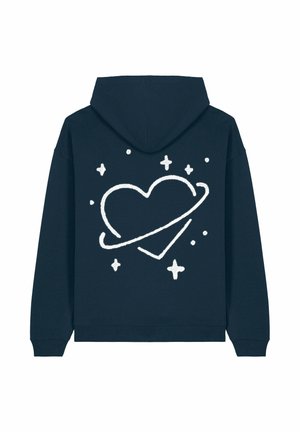 Felpa navy con un design di cuore bianco circondato da un anello e stelle, con una texture morbida e vestibilità standard. Cappuccio regolabile con coulisse.