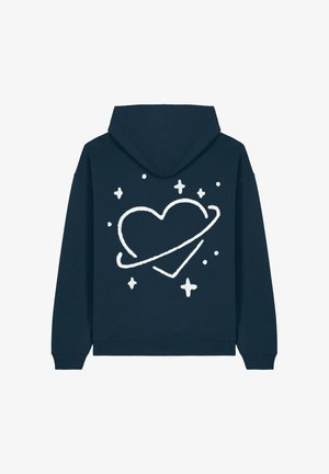 Hoodie navy avec un design de cœur blanc entouré d'un anneau et d'étoiles, texture douce et coupe standard. Capuche avec cordon de serrage réglable.