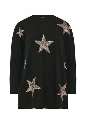 Musta pitkähihainen paita, jossa on hopeaa kimaltelevia tähtikuvioita eri kokoisina kankaan pinnalla. Mukava istuvuus ja pyöreä kaula-aukko.