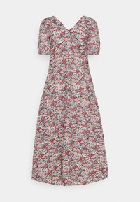 Robe fleurie avec un col en V, des manches courtes bouffantes et une silhouette longueur genou. Le tissu présente un motif floral multicolore sur un fond clair.