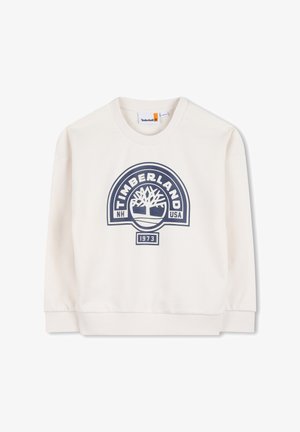 Felpa color crema, con logo Timberland blu raffigurante un albero. Collo a giro e polsini a costine; tessuto morbido e strutturato.