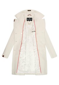 Dubbelzijdige trenchcoat in beige stof met een glanzende witte voering, contrasterende rode piping en een opvouwbare kraag.